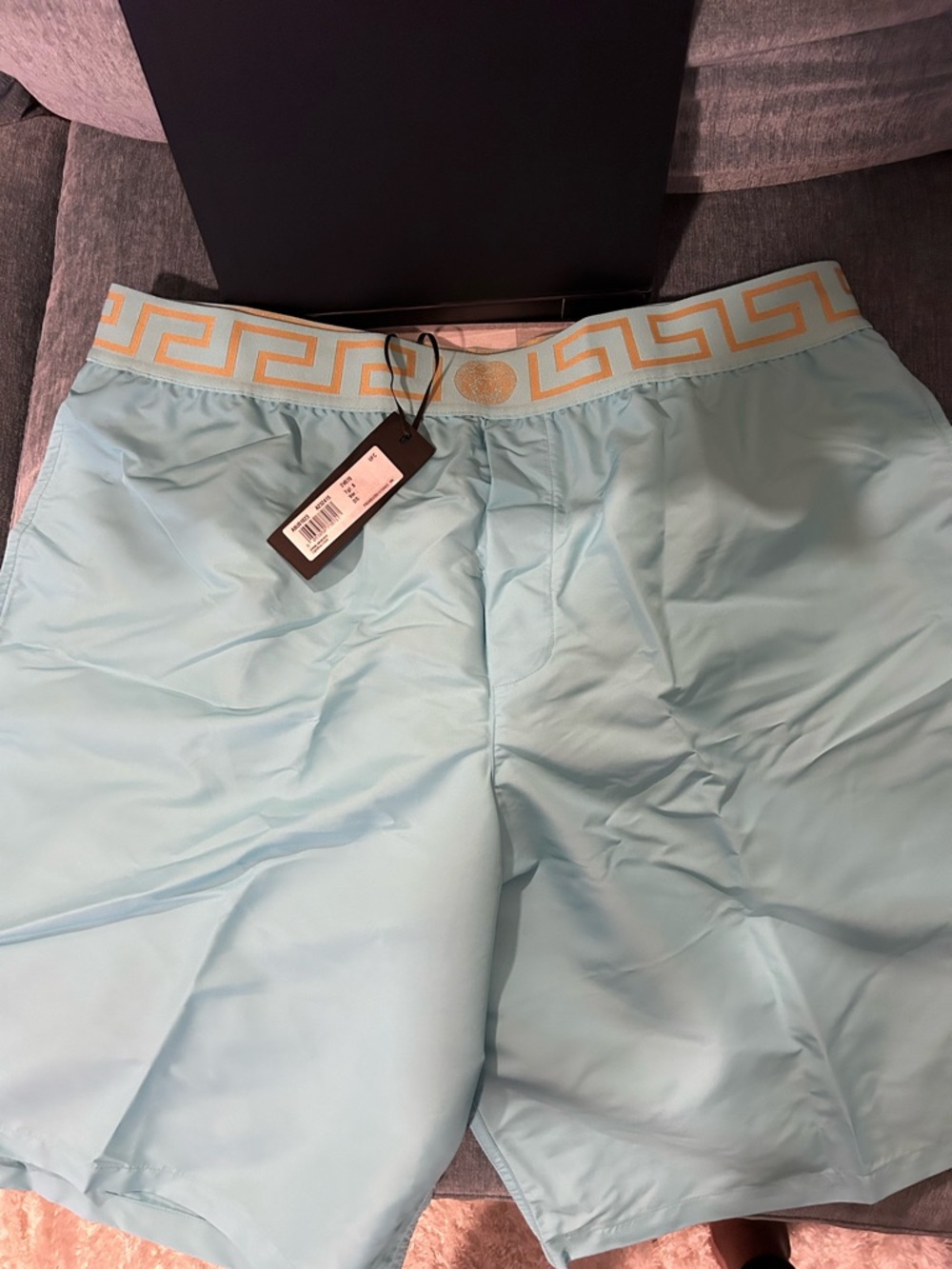 Versace Turquoise Swim Trunks with Gold Waistband - Picture 4 of 9